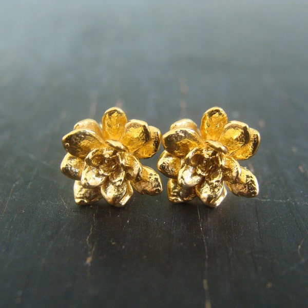 18K Gold Vermeil Miniature Flower Rosette Posts -- Botanical Jewelry -- Nature Cast