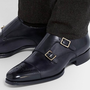 Men's Double Monk Shoes with Brogue Details, Mens Black Leather Monk Buckle Shoe