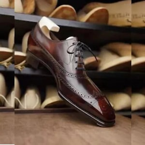 Handmade Goodyear Welted Brown Leather Wingtip Brogue Oxford Lace Up Men&#39;s Shoes