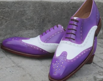 Handmade Purple & White Real Leather Oxford Lace up Wingtip Formal Wedding Shoes