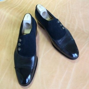 Handmade Men Two Tone Formal Button Shoes, Men Black And Blue Formal Shoes