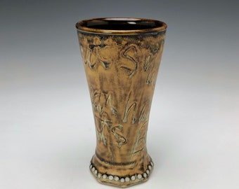 Handmade Tumbler with Butterfly Effect inscribed made by Samantha Henneke of Bulldog Pottery