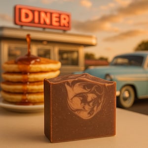 May include: A brown soap bar with a swirled design, set against a diner backdrop with pancakes and a classic car. The diner sign reads "DINER" in red neon. The soap has a rustic, artisanal appearance.