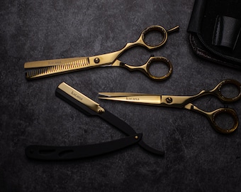 Ensemble de ciseaux de coiffeur et de coiffure entièrement dorés | Kit de coupe de cheveux professionnel pour homme et femme | Indispensable en cosmétologie | Cadeau parfait