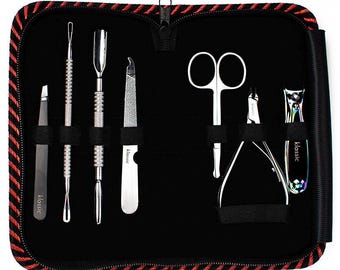 Kit professionnel de manucure et pédicure 7 pièces – Ensemble d'outils de soin des ongles avec étui en cuir | Poussoir à cuticules, tondeuse, pince à épiler, ciseaux