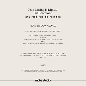 May include: Cream-colored digital download listing with black text. The text includes "This Listing is Digital Stl Download," instructions on how to download, and a note about downloading STL files. The maker studio logo is at the bottom.