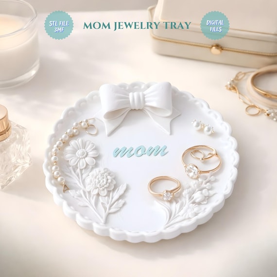 Mom Jewelry Tray STL File, Floral Ring Dish, Bow Trinket Tray, 3D Printable Mother’s Day Gift