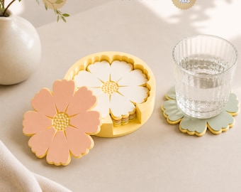 Flower Coasters STL File, 3D Printable Daisy Drink Coasters with Holder, Floral Table Decor, Digital Download