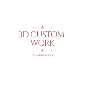 May include: A logo with the text "3D CUSTOM WORK" in a serif font, above the text "3D MAKER STUDIO". The text is a muted reddish-brown color, set against a white background. Decorative lines and flourishes are above and below the words.