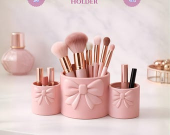 Bow Makeup Brush Holder STL File, Vanity Coquette Desk Organizer, 3D Print Makeup Storage