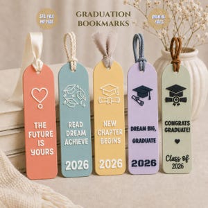 May include: Five vertical rectangular graduation bookmarks with ribbons. Colors include coral, blue-green, yellow, lavender, and sage green. Each features raised text and icons like graduation caps, diplomas, and the year 2026 in various fonts.