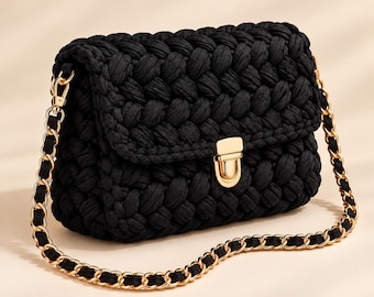 Black Crochet Shoulder Bag, Small Textured Purse with Gold-Tone Chain Strap