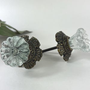 May include: Two clear glass and bronze-toned metal cabinet knobs. One knob is in focus, showing a flower-shaped glass top with a bronze-colored base. The other knob is slightly out of focus. The knobs are on a white surface.