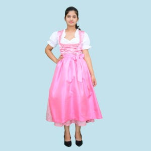 Pink Checkered Long Dirndl Dress - Maxi German Tracht w/ Apron & Blouse | Free Shipping | Rustic Wedding Festival Gown