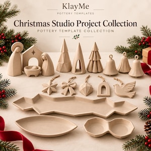 Puede incluir: Un conjunto KlayMe Pottery Templates Christmas Studio Project Collection con formas de arcilla beige que incluyen un belén, árboles geométricos, campanas, adornos colgantes como estrellas, lazos y una paloma, además de una bandeja larga y dos platos.