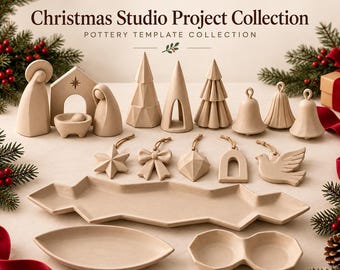 Pode incluir: Um conjunto KlayMe Pottery Templates Christmas Studio Project Collection com formas de argila bege, incluindo um presépio, árvores geométricas, sinos, ornamentos pendentes como estrelas, laços e uma pomba, além de uma bandeja longa e dois pratos.