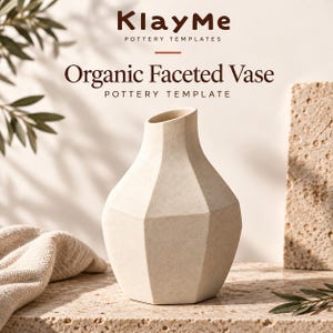 May include: A beige, speckled, faceted vase with a narrow neck and wide body. The text KlayMe Pottery Templates and Organic Faceted Vase Pottery Template is displayed above the vase in dark brown lettering against a light background.