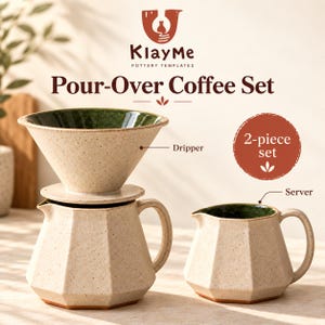 May include: A 2-piece pour-over coffee set by KlayMe Pottery Templates, featuring a speckled beige ceramic dripper and a matching faceted server with a dark green interior glaze. The set includes a dripper and a server, both with a textured finish.