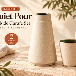 May include: A two-piece bedside carafe set featuring a speckled beige ceramic carafe and a matching cup. Both items have a dark green interior glaze. The text KLAYME Quiet Pour Bedside Carafe Set POTTERY TEMPLATE 2 PIECES is visible.