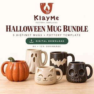 May include: A digital download pottery template bundle titled KlayMe Halloween Mug Bundle featuring 5 distinct mug designs. The image displays five ceramic mugs: an orange pumpkin, a cream ghost, a cream cat, a dark bat, and a dark skull.