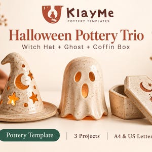 May include: A set of three ceramic pottery items featuring a speckled cream finish: a witch hat with star and moon cutouts, a ghost figure with eye and mouth openings, and a coffin-shaped box with a lid displaying a moon and star design.