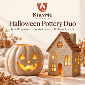 May include: A KlayMe Halloween Pottery Duo set featuring a speckled ceramic jack-o'-lantern and a haunted house with a brown roof. Both items are illuminated from within, showcasing cut-out windows and facial features, with 12 bonus stencils included.