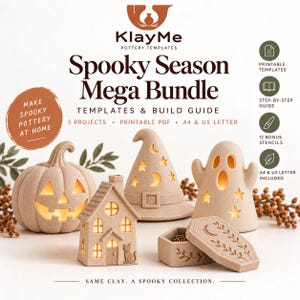May include: A KlayMe Spooky Season Mega Bundle pottery template set featuring printable PDFs for five projects including a pumpkin, house, witch hat, ghost, and coffin box. Includes step-by-step guides, 12 bonus stencils, and A4 and US Letter formats.