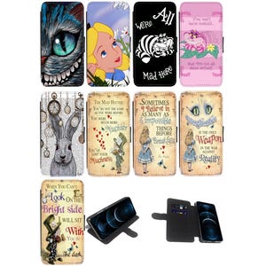 Funda con tapa de piel sintética con diseño de Alicia en el País de las Maravillas y el Sombrerero Loco para Google Pixel 7, 7A, 7 Pro, 8, 8A, 9, 9A Pro XL (S1)
