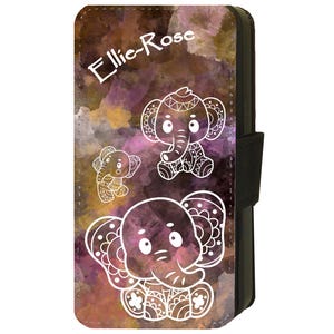 Funda de teléfono con tapa personalizable con nombre y diseño de elefante mandala morado para Google Pixel 7, 7A, 7 Pro, 8, 8, 9, 9 Pro XL de piel sintética