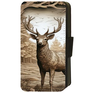 Puede incluir: Un ciervo marrón y blanco con grandes cuernos se encuentra en un entorno boscoso. El ciervo está dibujado en un estilo detallado y realista. El fondo es de color marrón claro con árboles y hojas.