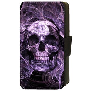 Funda de teléfono con tapa de piel sintética con diseño de calavera gótica morada y muerte oscura para Apple iPhone 4, 5, 6, 7, 8, 9, 11, 12, 13, 14, 15, 16 X, XR, XS, Mini Pro Max (A)