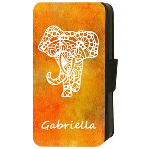 Funda de teléfono con tapa personalizable con nombre y diseño de elefante mandala naranja para Samsung Galaxy S8, S9, S10, S20, S21, S22, S23, S24 Plus A24 4G A25