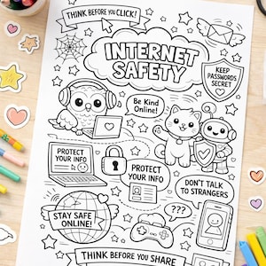 Página para colorir sobre segurança na internet