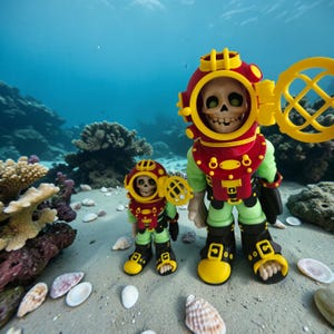 May include: Two toy diver figures with skull faces, wearing red and yellow diving helmets and gear, stand on a sandy ocean floor. The figures are green, red, yellow, and black. The background shows coral, shells, and blue water.