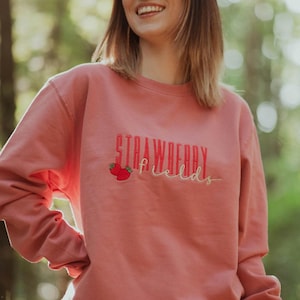 Strawberry Fields Embroidered Sweatshirt - Pink Aesthetic Pullover, Cute Fruit Themed Sweatshirt For Her