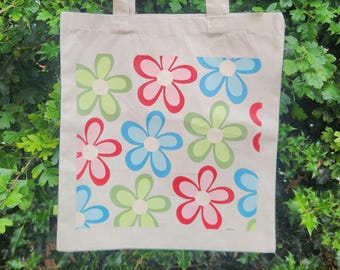 Retro Flower Power-tygväska: Blommig shoppingväska i ekologisk bomull från 60-talet