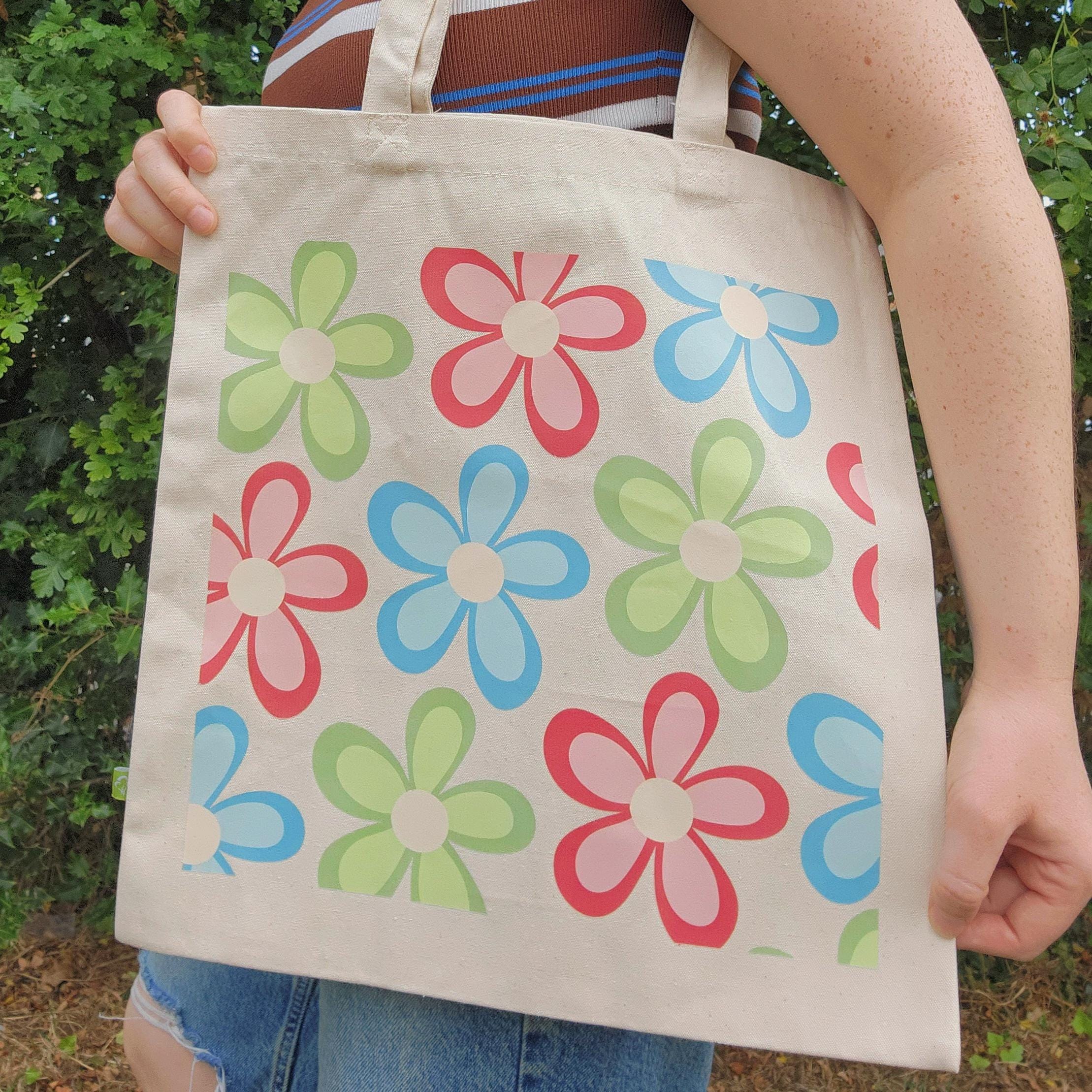 Retro Flower Power Tote Bag: 60s Floral Print Organic Cotton 