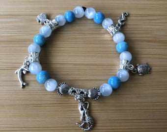 Mermaid Charm Blue Beaded Handmade Elastic Bracelet