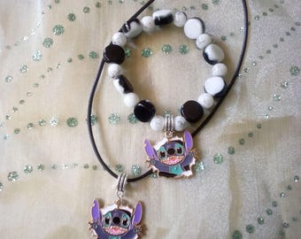Handmade Disney Stitch Charm Necklace and Beaded Bracelet Set