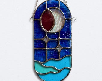 Stained Glass Moon & Stars  -  Boho Night Sky Decor - Hanging Art Decor Suncatcher