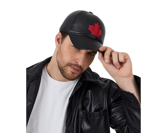 Genuine Leather Baseball Cap | Unisex Canada Flag Themed Hat | Stylish Outdoor Accessory & Gift Idea | 100% Sheep Leather , Adjustable