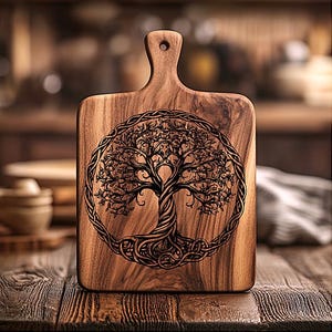 Puede incluir: Tabla de cortar rectangular de madera con asa. Presenta un diseño detallado del árbol de la vida grabado dentro de un borde circular. La madera tiene un tono cálido y natural, y el diseño es marrón oscuro.