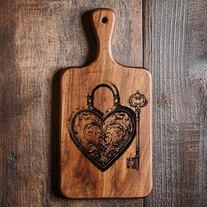 Peut inclure: Une planche à découper en bois avec un motif de cadenas et de clé en forme de cœur. Le motif est gravé dans le bois et a un style vintage.