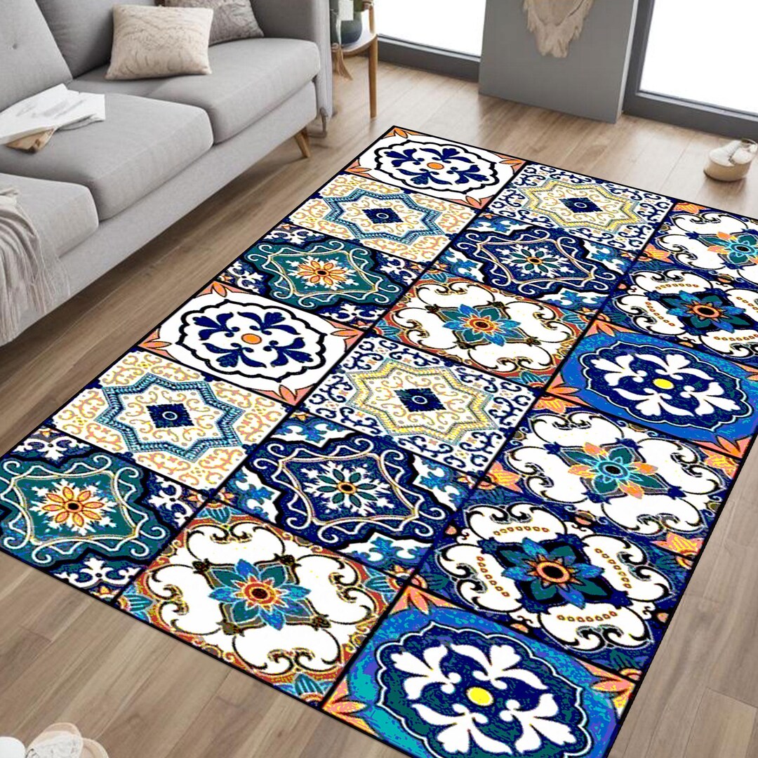 Turkish Tile Rug: Blue Ottoman Ceramic Pattern, Washable Kitchen Mat - Etsy