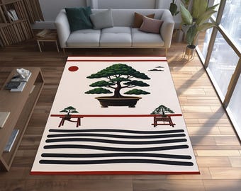 Japanese Bonsai Rug: Zen Minimalist Carpet, Washable Area Rug