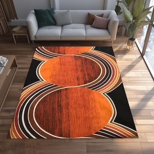Alfombra geométrica retro naranja, moderna y abstracta de mediados de siglo con círculos llamativos, decoración de sala de estar inspirada en los años 70, alfombra de estilo artístico moderno.