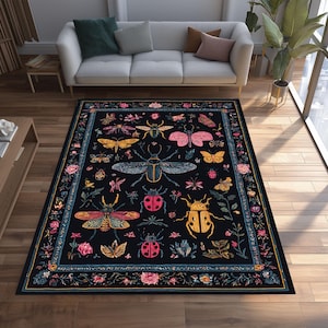Boho Bug Rug, Insect Carpet, Floral Bohemian Rug, Colorful Bug Decor, Botanical Theme Rug, Nature Style Carpet, Black Boho Rug,Kids Room Rug