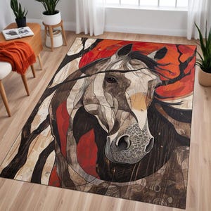 Boho Horse Rug, Ethnic Area Rug, Colorful Farmhouse Carpet, Animal Art Floor Mat, Washable Rug, Modern Western Decor, Rustic Living Room Rug
