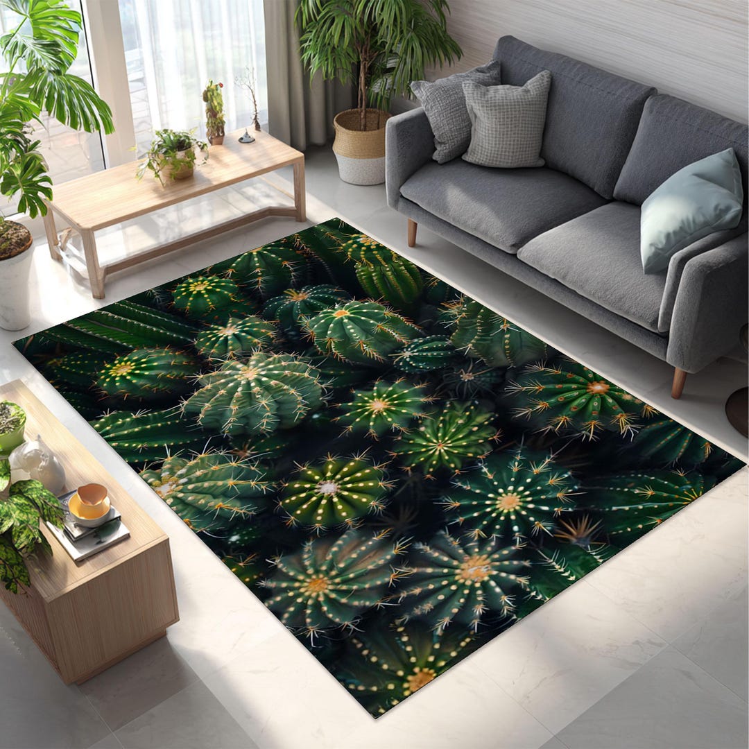 Cactus Rug for Living Room, Botanical Green Desert Plant Carpet, Modern ...