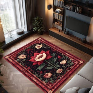 Gothic Red Rose Rug, Black Floral Vintage Carpet, Dark Baroque Style Washable Mat, Elegant Romantic Area Rug For Living Room Or Bedroom